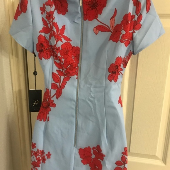 Adrianna‎ Papell pretty blue red roses asymmetrical flounce hem tulip Dress sz 2 - Picture 4 of 12
